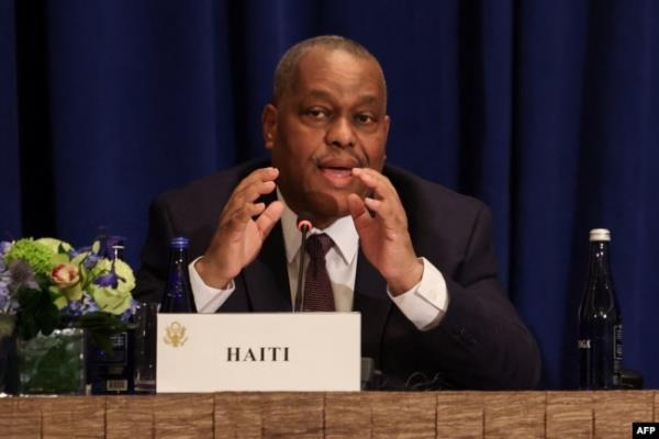 Haitian Prime Minister Garry Conille speaks during a meeting about the situation in Haiti, on the sidelines of the U.N. General Assembly in New York on Sept. 25, 2024.